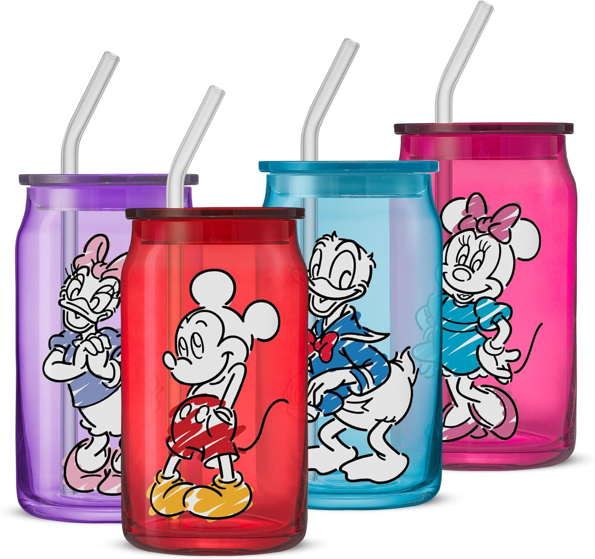 JoyJolt Disney Mickey Mouse and Friends Color Sketch Glass Tumblers with Lids and Straws, 16oz Glass Cups with Lids and Straws, Can Shaped Drinking Glasses Set of 4, Disney Gifts for Adults