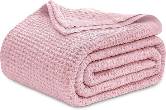 Bedsure 100% Cotton Blanket Queen Size for Bed - Breathable and Soft, Waffle Weave Blanket for Summer, Thick Cozy Fall Blankets for Women Gift, Pink, 90x90 Inches