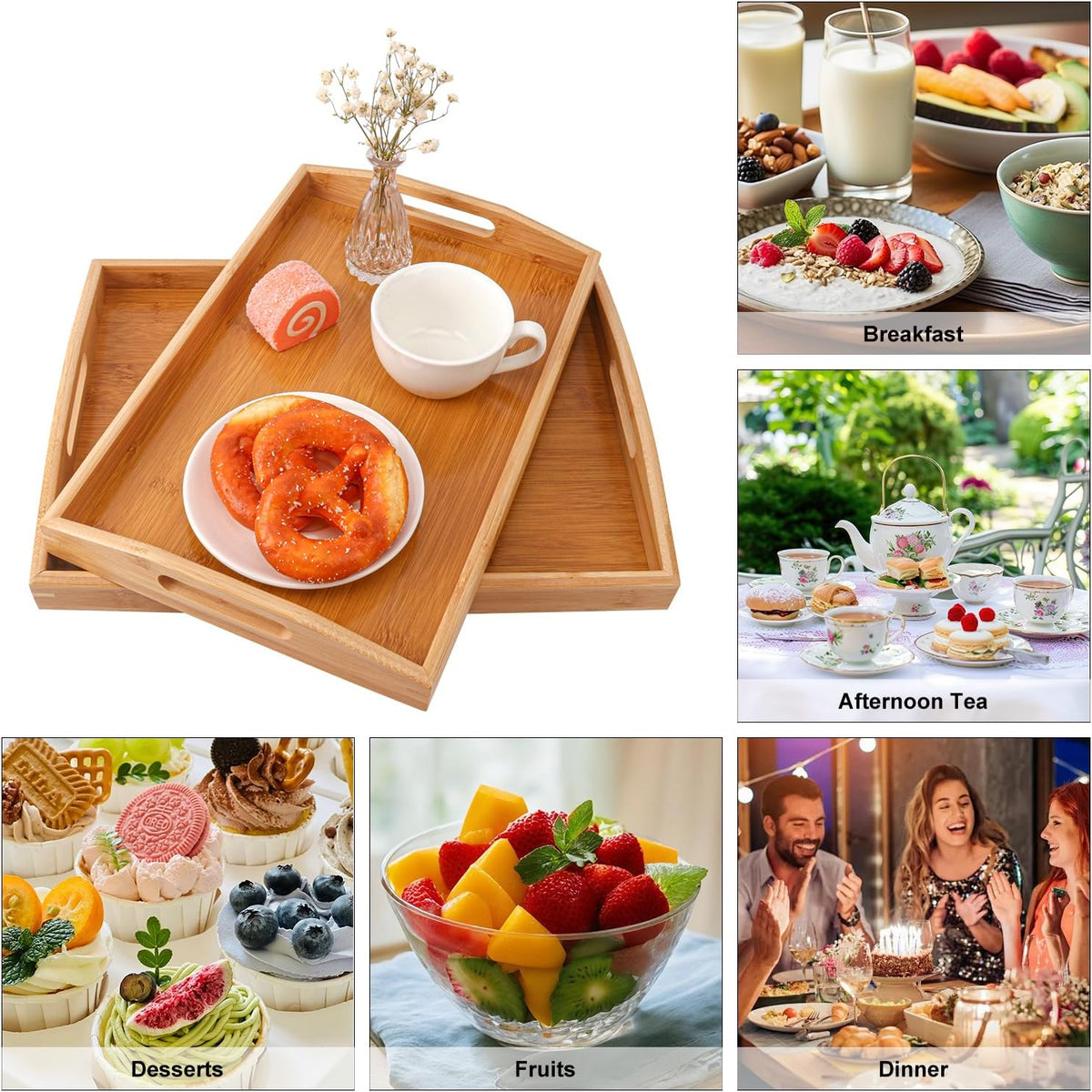 2 PCS Bamboo Serving Tray, 2 Size Nested Breakfast Bed Tray with Handle, Wood Serving Tray for Serving, Breakfast Bed Trays for Eating, Decor, Displaying Cake, Fruit