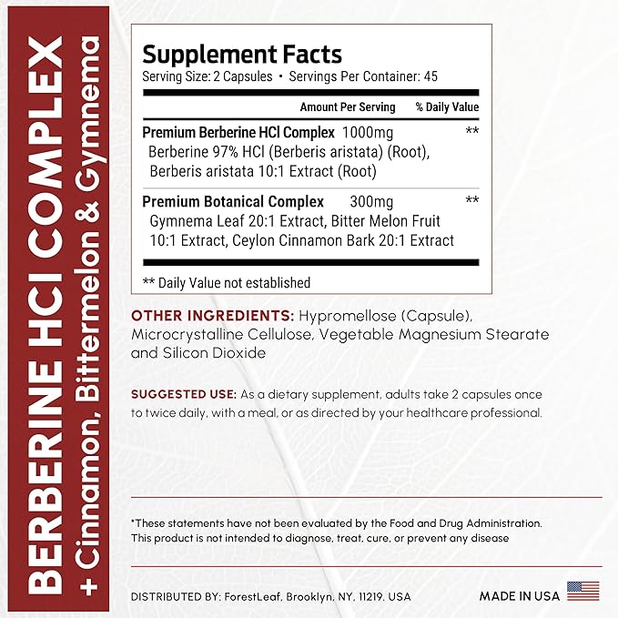 Berberine Supplement 1300mg per Serving- 97% Tested Ultra High Potency Berberine HCl with Ceylon Cinnamon, Bitter Melon & Gymnema, 10:1 Extract Berberis Supplements, Weight Management, 90 Veggie Caps
