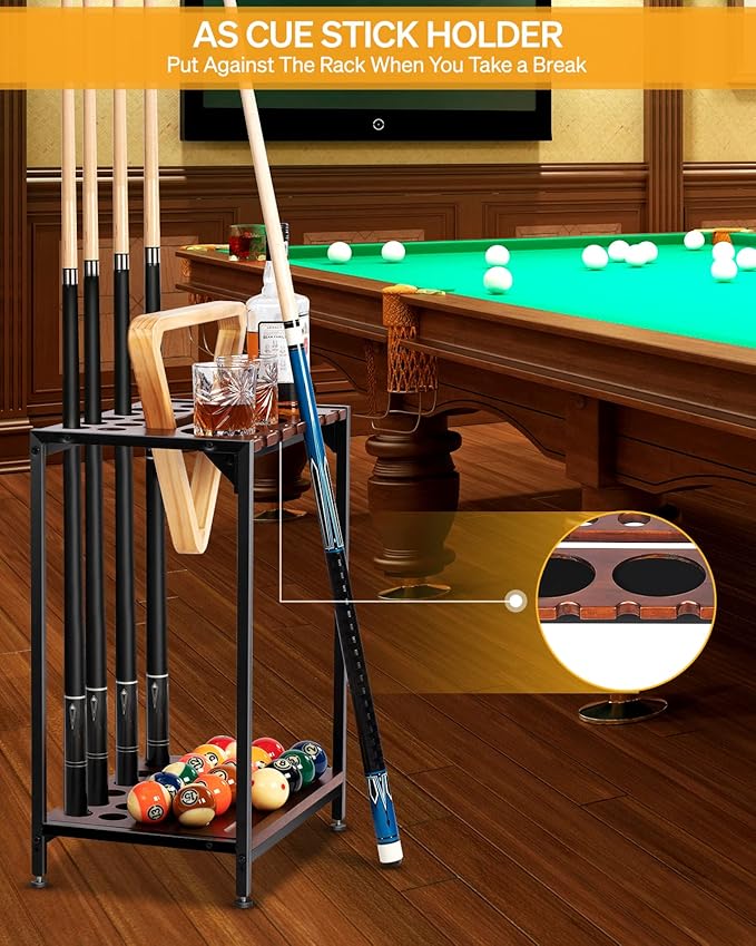 Billiards Pool Stick Holder - Pool Cue Rack Floor Stand & Ping Pong Paddle Holder Hardwood Pool Cue Holder for 12 Cues Sticks Pool Table Accessories Organizer (Brown)