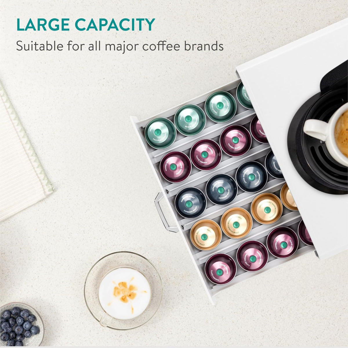 Navaris Coffee Pod Holder Drawer - 50 Capsule Storage Organizer Tray Counter Container - Fits Standard Sizes of Pods and Capsules - 1 Drawer Design - White