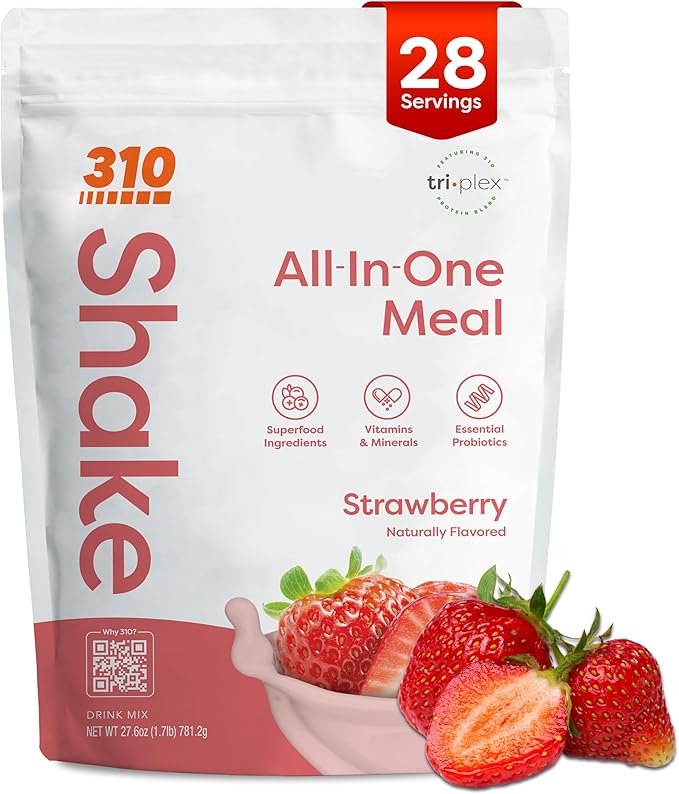 310 Nutrition All-In-One Meal Replacement Shake Powder - Plant-Based Protein Smoothie Blend w/High Fiber, Probiotics & Adaptogens - Low Carb, Vegan, Keto & Paleo Friendly - Strawberry - 28 Srv