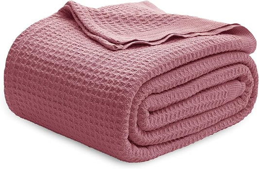 Bedsure 100% Cotton Blanket King Size for Bed - Breathable and Soft, Waffle Weave Blanket for Summer, Thick Cozy Fall Blankets for Women Gift, Dusty Rose, 104x90 inches