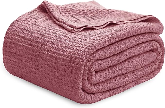 Bedsure 100% Cotton Blanket Queen Size for Bed - Breathable and Soft, Waffle Weave Blanket for Summer, Thick Cozy Fall Blankets for Women Gift, Dusty Rose, 90x90 Inches