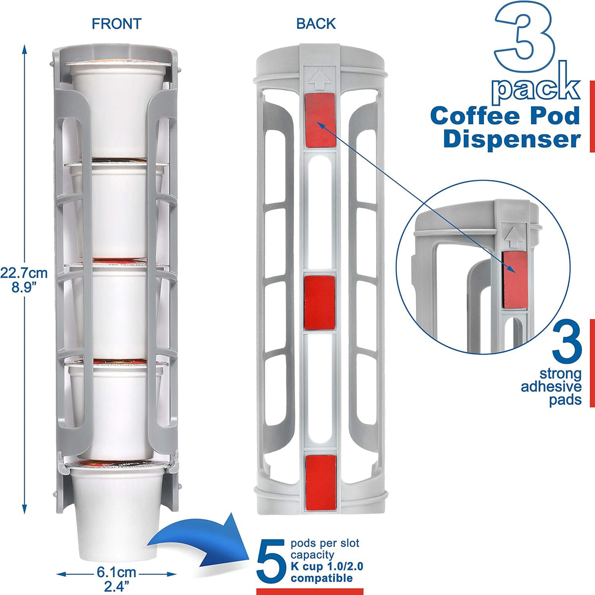 STORAGENIE Coffee Pod Holder Side Mount K Cup Pods Dispenser compatible with Keurig Coffee Makers, Perfect for Small Counters (3 Pack/For 15 K-Cups, LIGHT GREY)
