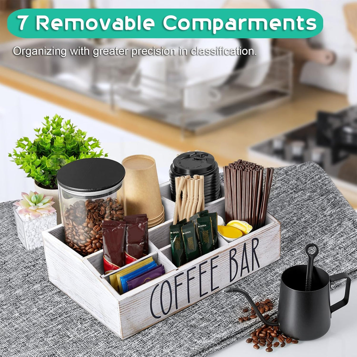ALELION White Coffee Station Organizer for Countertop - 7 Compartments Rustic Coffee Bar Accessories and Organizer with Removable Dividers