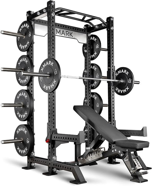 XMark Viper Half Power Rack Home Gym System, Complete with Squat Rack, Adjustable Weight Bench, Catahoula Olympic Barbell, and Bumper Plate Weight Set