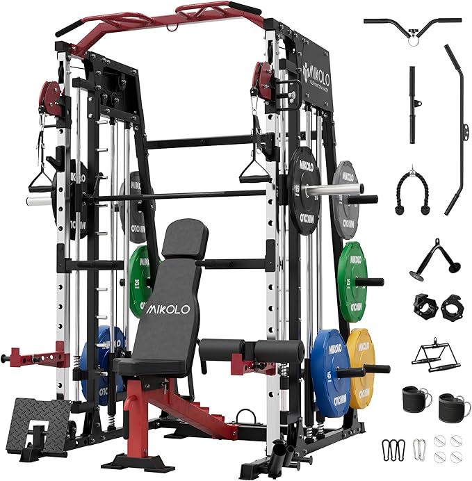 Mikolo Smith Machine, 2200lbs Squat Rack with LAT-Pull Down System & Cable Crossover Machine, Training Equipment with Leg Hold-Down Attachment