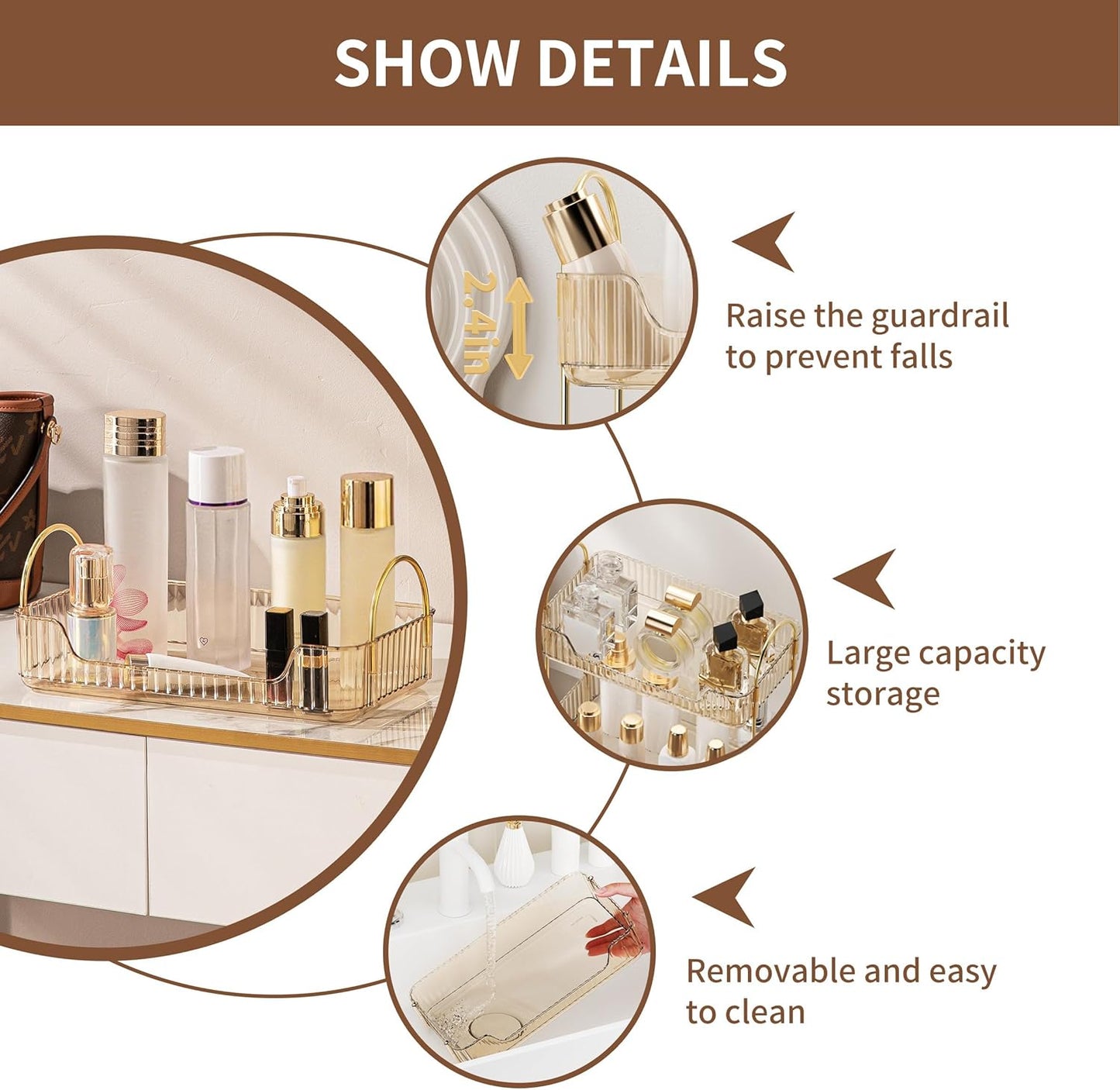 YCIA&DONE Bathroom Organizer Countertop, Makeup Storage, Skincare Cosmetic Tray Shelf, Perfume Holder Rack for Vanity Counter, Large Capacity, Easy to Install, Clean, 1 Tier, Amber Gold