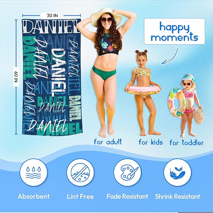 JML Personalized Beach Towel with Name, Custom Beach Towel with Name, Customized Microfiber Pool Towel, Quick Dry & Absorbent Swim Towel for Adult,Anniversary, Birthday, Summer Holiday,Vacation