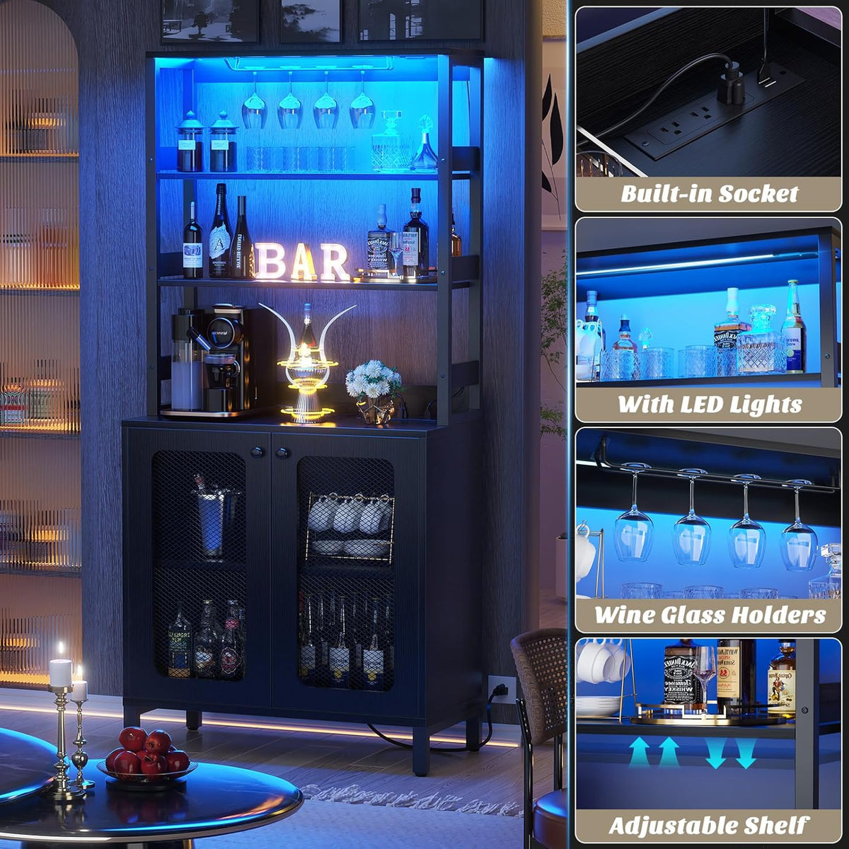 Aheaplus Bar Cabinet with Power Outlets, 67" Tall Wine Bar Cabinet Liquor Cabinets with LED Lights and Glass Holder, Coffee Bars Station for Living Room, Microwave Stand Bakers Rack Cabinets, Black