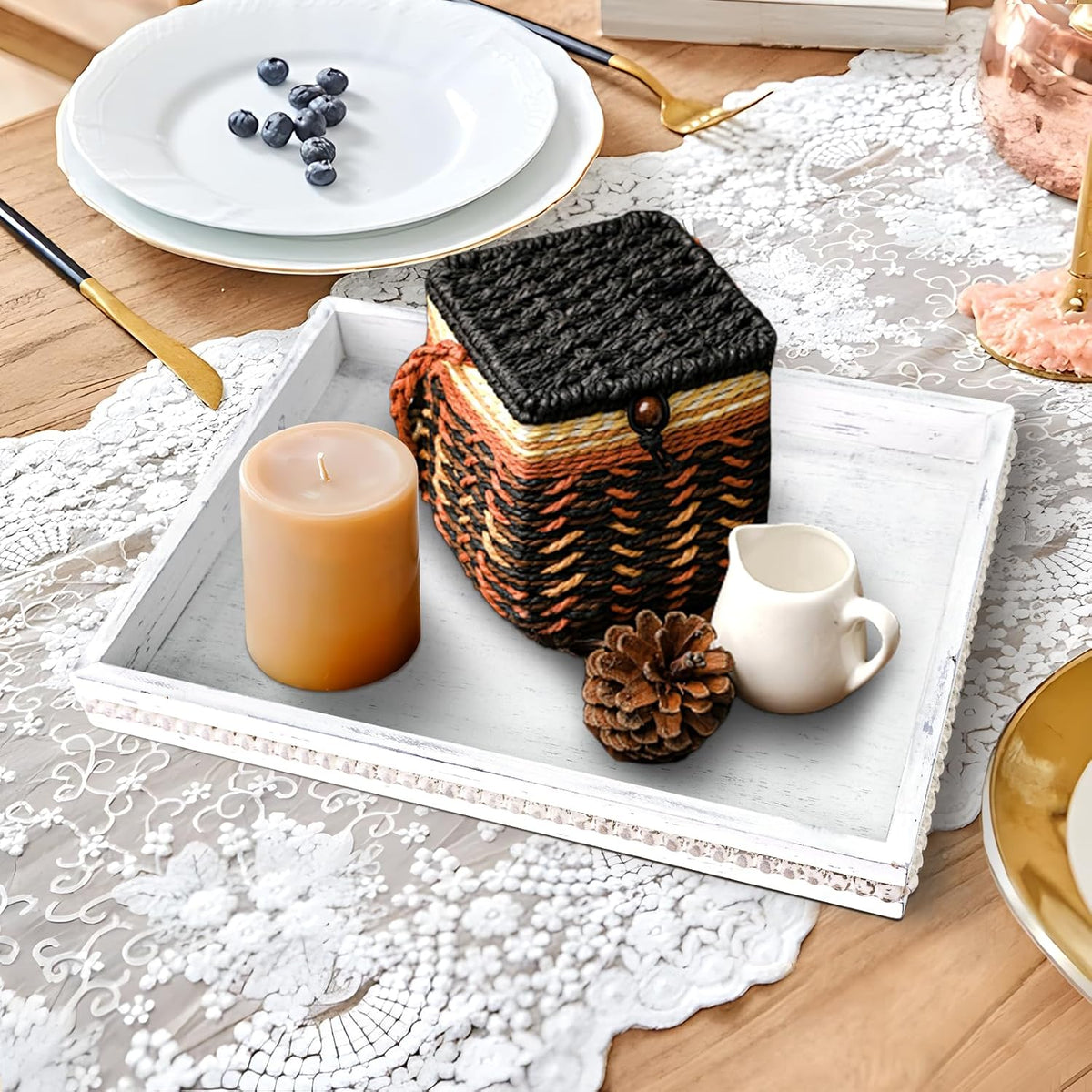 Wooden Decorative Tray, Rectangular Serving Tray with Wood Bead, Farmhouse Big Tray for Ottoman, Countertop, Coffee Tabl, 16.5" x 13"x 1.6" (Retro White)