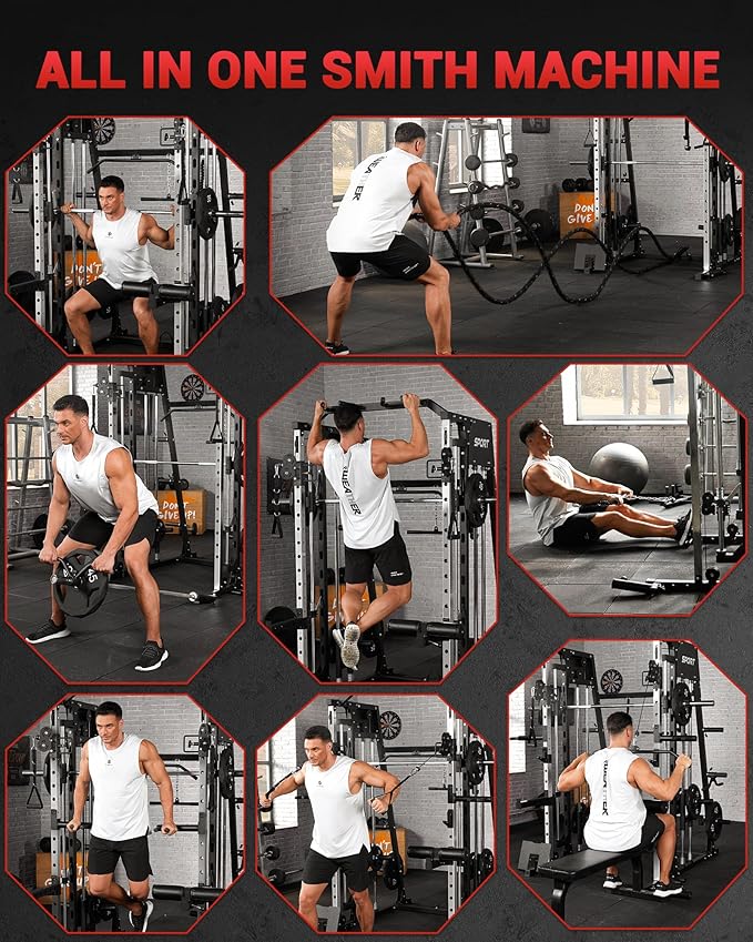 Smith Machine Home Gym All in One, 2200LBS Squat Rack Power Cage with Smith Bar, LAT Pull-Down, Cable Systems, Leg Hold-Down and More Attachments, Workout Equipment (Red Black)