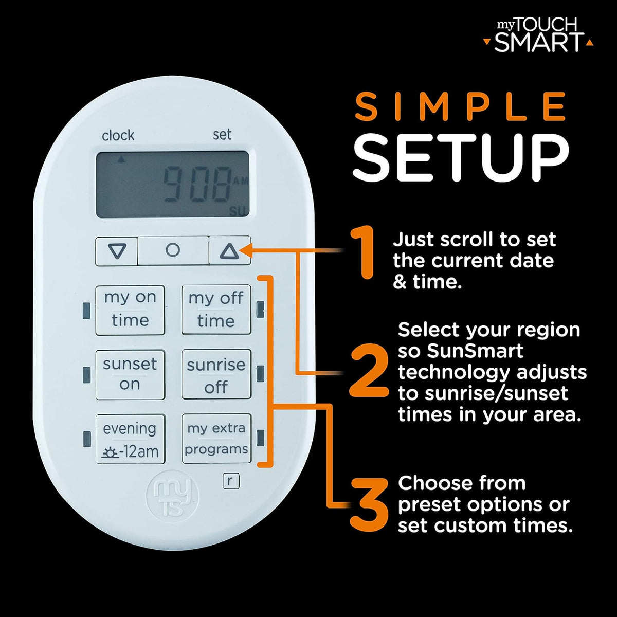 myTouchSmart Simple Set 7-Day Digital Timer, 1 Grounded Outlet Timer, Sunrise-Sunset Indoor Timer Outlet, Programmable ON/OFF Plug Timer, 125V Light Timer, Lamp Timer, Seasonal Lights, White, 33860