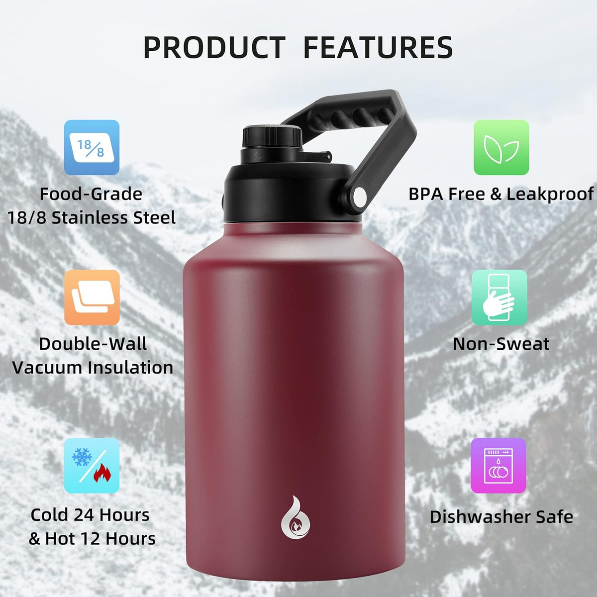 BJPKPK One Gallon(128 oz) Insulated Water Bottle, Dishwasher Safe Stainless Steel Thermos, BPA Free Jug with Ergonomic Handle & Anti-slip Bottom, Large Water Bottle, Brick Red