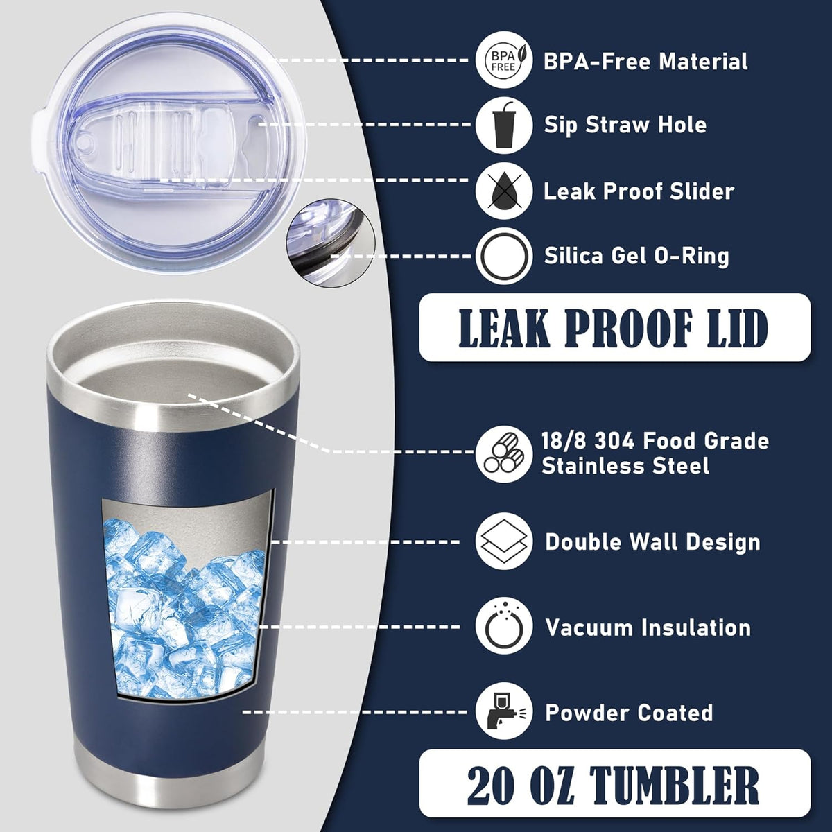 20 oz Tumbler Coffee Tavel Tumblers Bulk with Lid Stainless Steel Double Wall Vacuum Insulated Mug Powder Coated Cups fit Car Cupholder for Hot and Cold - Navy, 1Pack