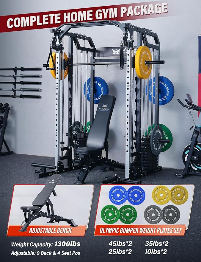 Major Fitness Drone2 Advanced Training Smith Machines– All-in-One Home Gym Squat Rack with Aluminum Pulley Set , Weight Bar, Dual LAT Pull-Down Systems & Cable Crossover Machine for Full-Body Workouts