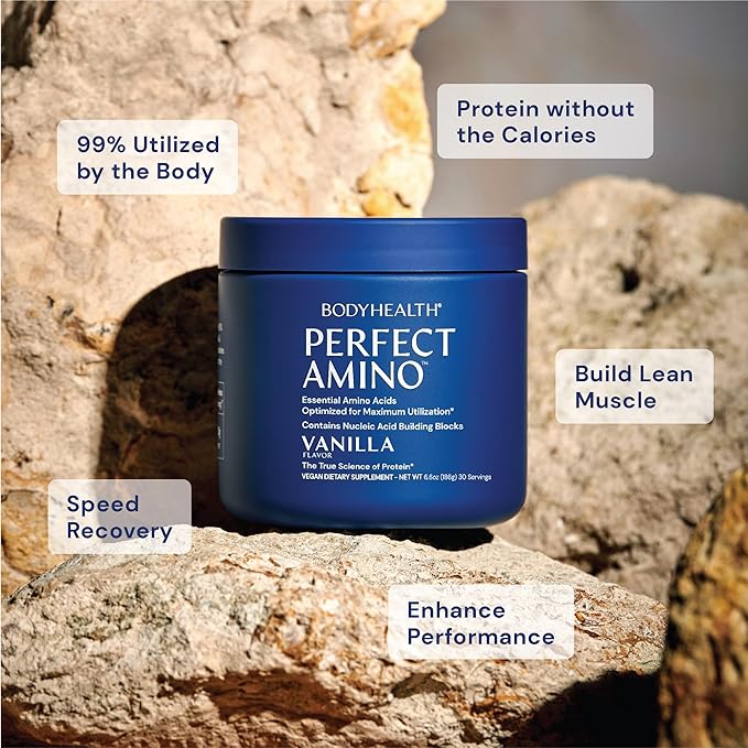 BodyHealth PerfectAmino Powder - BCAA and EAA Powder for Pre and Post Workout - Amino Acid Energy Drink for Men and Women to Support Lean Muscle and Recovery - Vanilla - 60 Servings