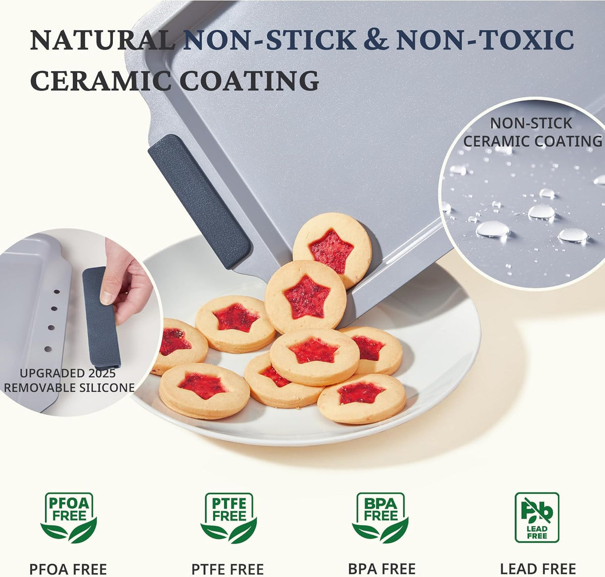 BRONYPRO Non Stick Ceramic Baking Sheet Pan Set of 3, Natural Non Toxic Cookie Sheets for Baking - PFOA, PTFE Free, Aluminized Steel Oven Trays for Cooking with Silicone Handles, Blue Gray