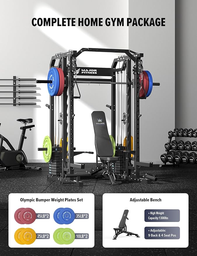 Major Fitness Smith△ Machine Drone2 Premium, All-in-One Home Gym Squat Rack with Aluminum Pulley Set , Weight Bar, Dual LAT Pull-Down Systems & Cable Crossover Machine for Full-Body Workouts