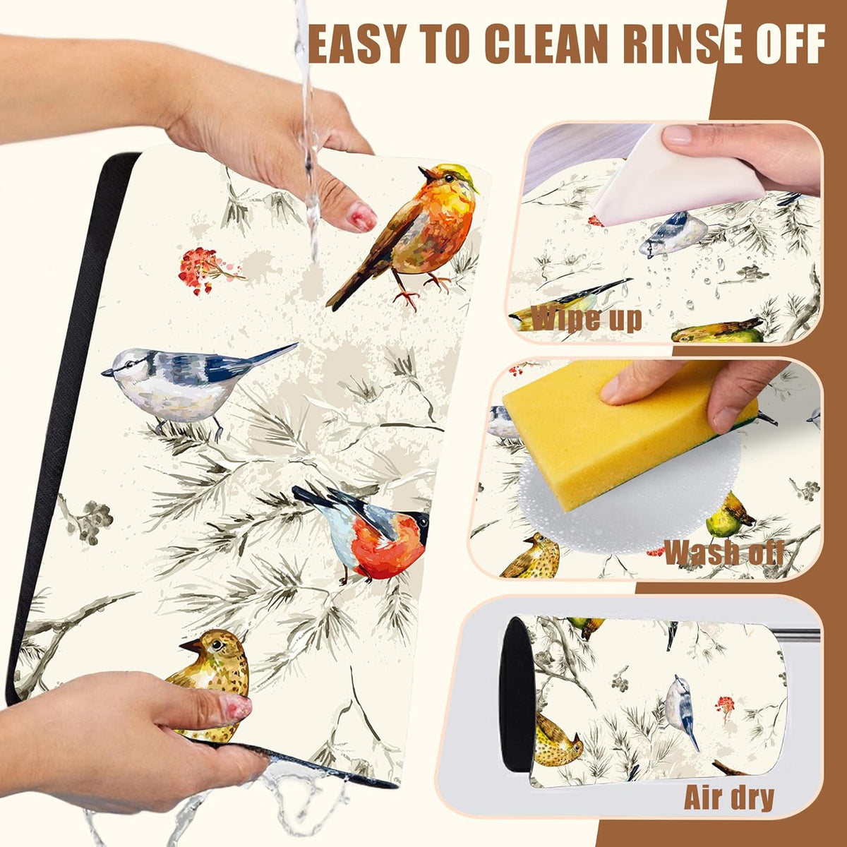 Cute Birds Coffee Mat Absorbent Dish Drying Mat for Kitchen Counter Hide Stain Rubber Backed Coffee Bar Accessories Fit Under Espresso Machine Dish Drainer, 15.7 x 23.6 Inch