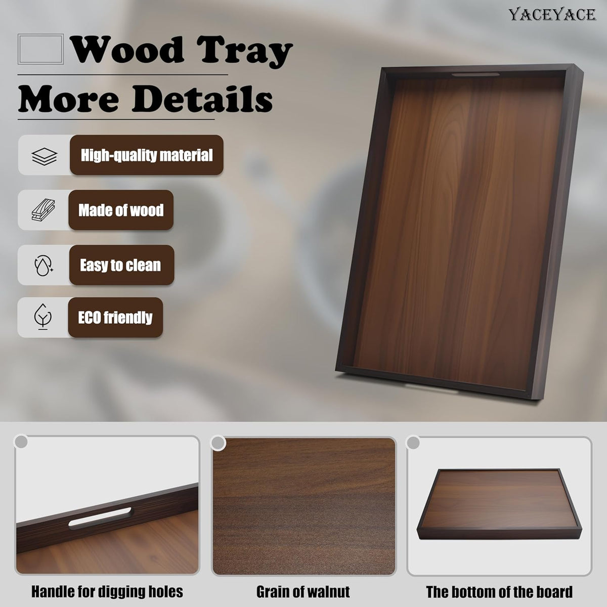 Wood Serving Tray with Handles,17"x12.5"x1.5" Large Serving Tray for Ottoman, Party, Dining, Coffe Table, Home Decor, Bathroom