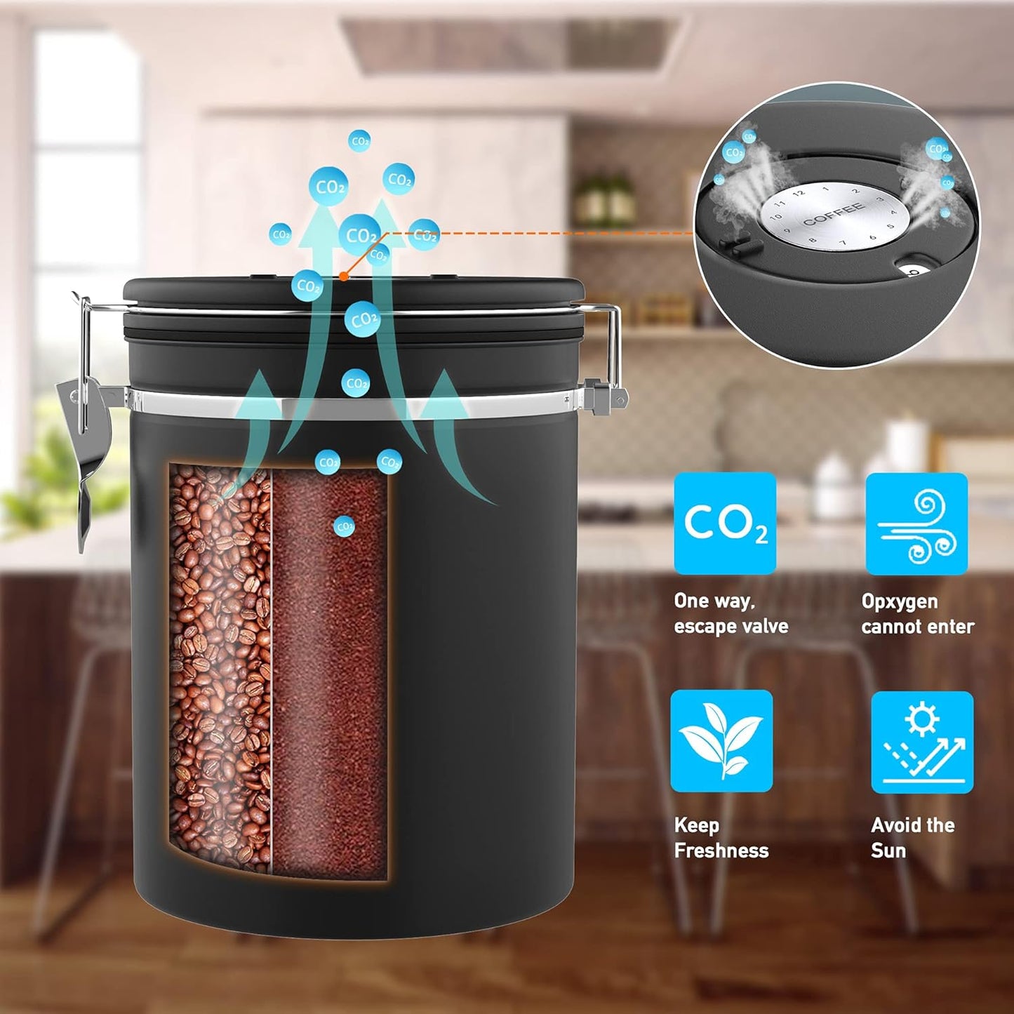 35OZ Coffee Canister for ground coffee with Date Tracker,Mint Green 304 Stainless Steel Kitchen Food Airtight storage container for Coffee Beans or Grounds, Tea, Sugar