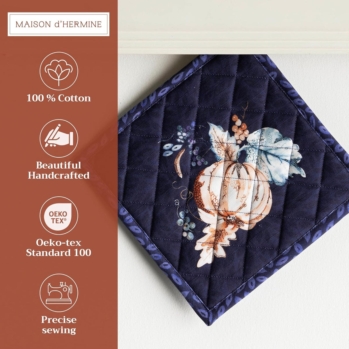 Maison d' Hermine Pot Holders 100% Cotton Heat Resistant Potholders 8" x 8" Hot Pads with Loop BBQ, Cooking, Baking, Grilling, Kitchen, Handling Hot Pans (Pack of 1, Pumpkin Blues)