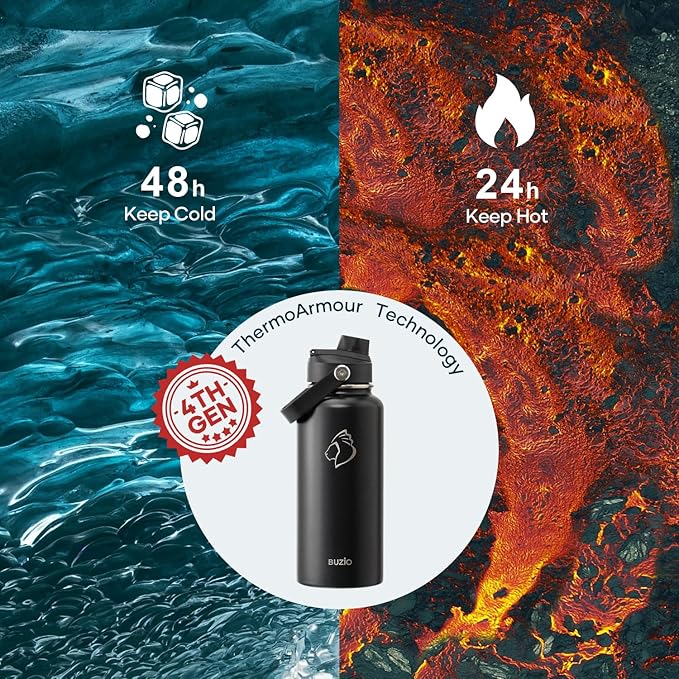 BUZIO Stainless Steel Water Bottle (Cold for 48 Hrs, Hot for 24 Hrs), 32 oz Vacuum Insulated Water Bottle with Straw Lid and Flex Cap (Double Wall, Wide Mouth, BPA Free, Leak Proof), Black