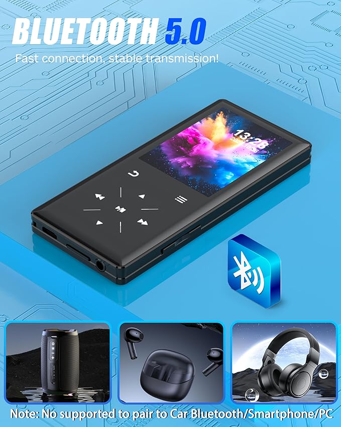 64GB Bluetooth MP3 Player - 2.4" Screen Portable HiFi Mp3 Player with Built-in Speaker, MP3 Music Player with Voice Recorder, FM Radio, Touch Buttons,Support up to 256GB SD Card