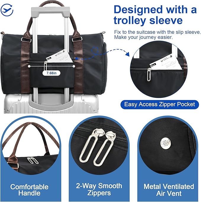 FIORETTO Womens Gym Tote Duffle Bag with Wet Pocket & Shoe Compartment, Sports Duffel Overnight Weekender Hospital Workout Carry on Bag for Girls, Ideal for Travel, Swimming, Dance, Ballet Black