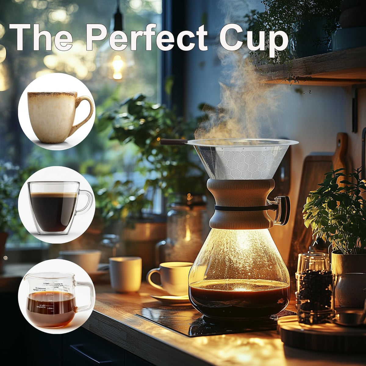Pour Over Coffee Dripper, Pour-over Filters with 800 Mesh Steel Mesh Optimize Extraction For Rich Coffee Flavor, Stainless Steel Filter, Paperless Pour-over