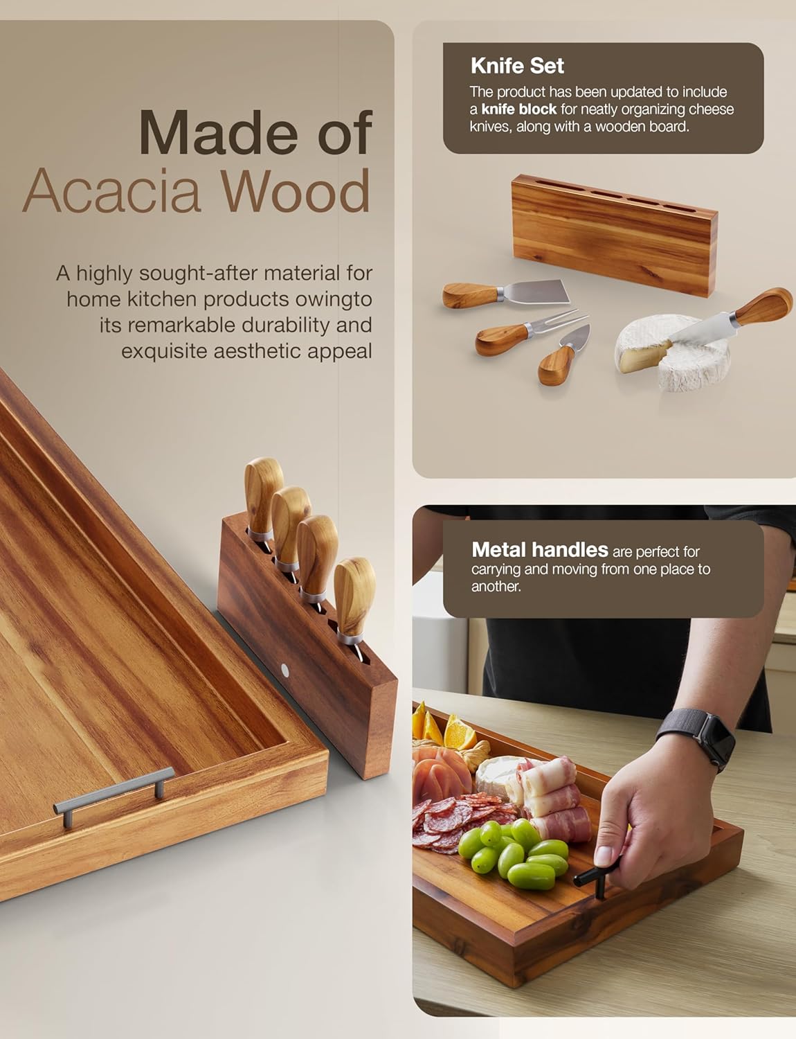 Acacia 30 Inch Large Charcuterie Boards for Party with Cheese Knife Set of 4 – Acacia Wood Serving Tray with Handles, Long Charcuterie Board, Wooden Cheese Board