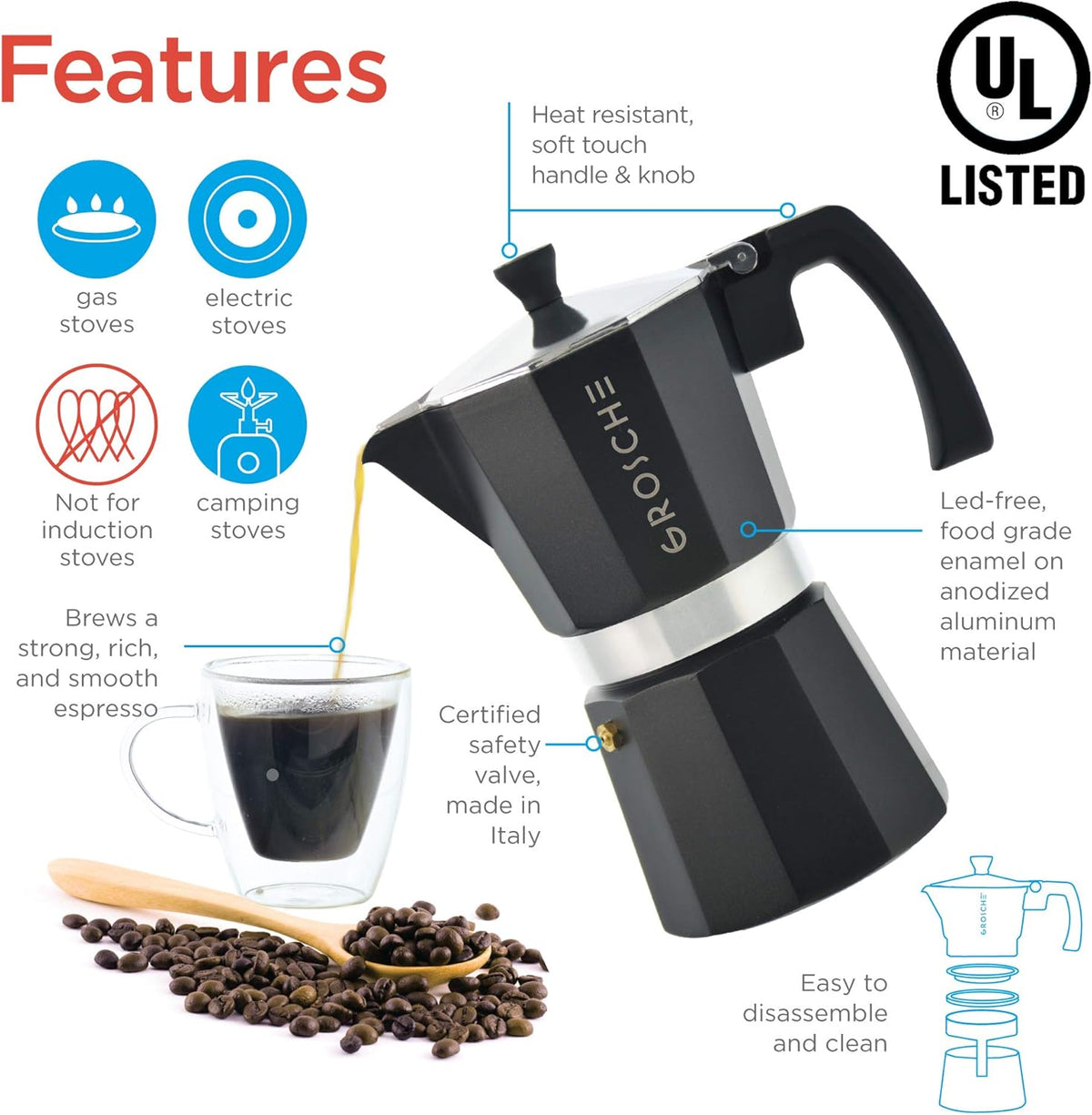GROSCHE Milano Stovetop Espresso Maker Moka Pot 3 espresso Cup - 5 oz, Black - Cuban Coffee Maker Stove top coffee maker Moka Italian espresso greca coffee maker brewer percolator