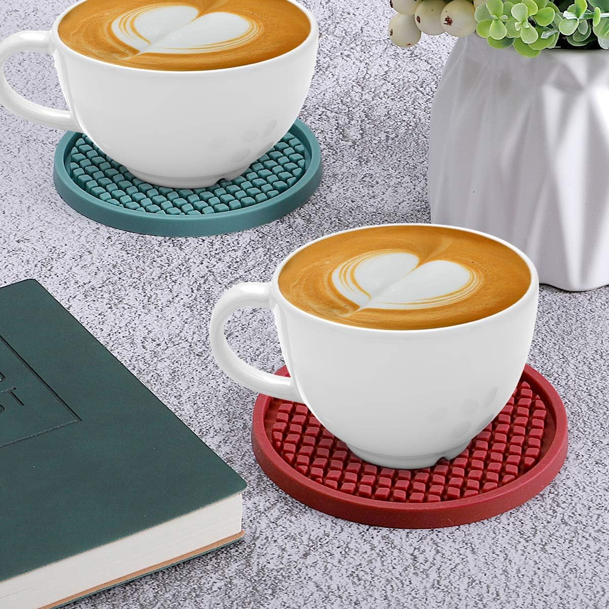 ME.FAN Silicone Coasters [6 Pack] Thickened Drink Coasters with Holder - Cup Mat - Non-Slip, Non-stick, Stay Put, Deep Tray - Prevents Furniture and Tabletop Damages(Wine Red)