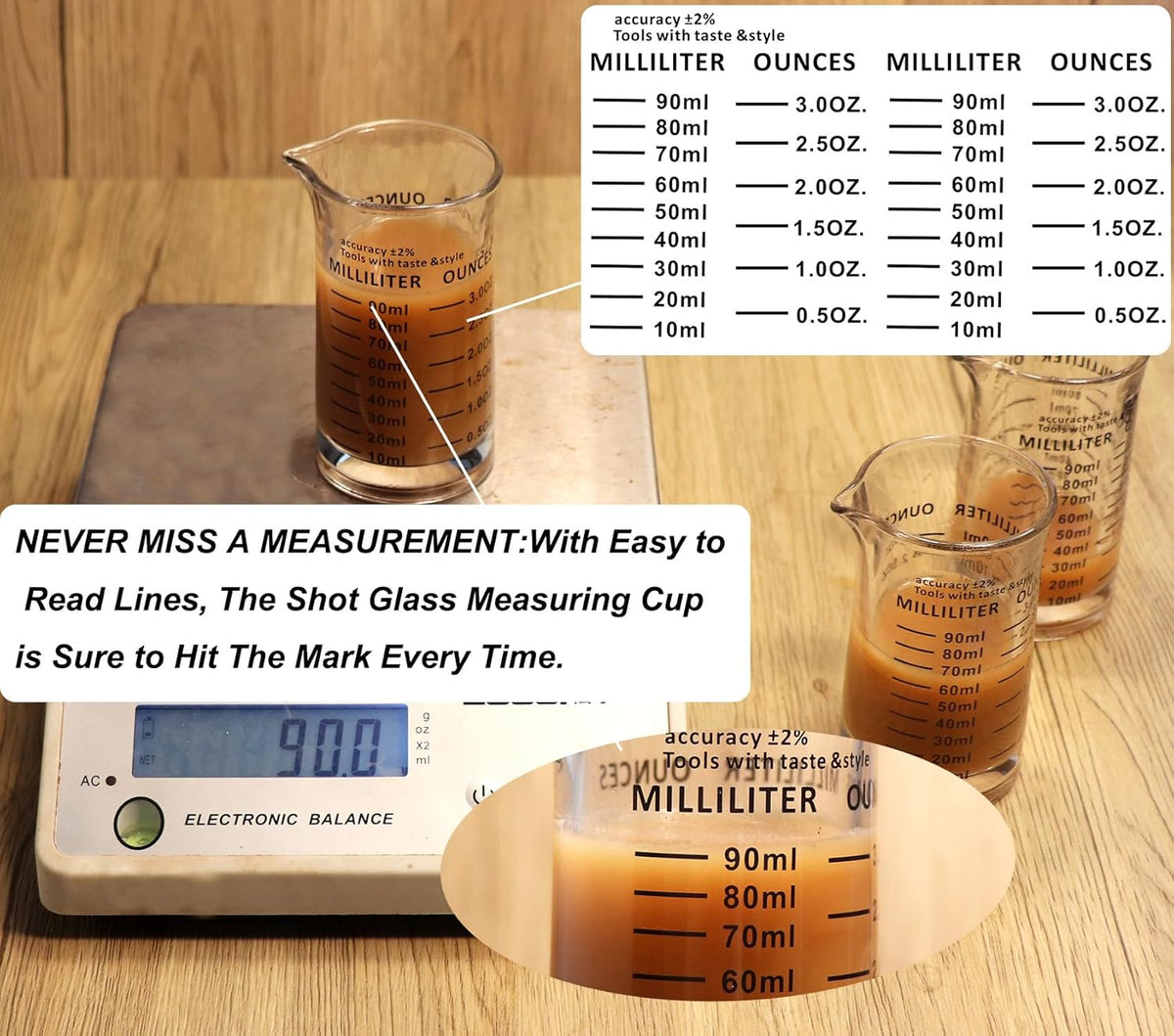 Ackers 3oz/90ml Glass Measuring Cup – Shot Glass with Double Scale-Ounce,Ml Markings for Kitchen & Bar(Black Line)
