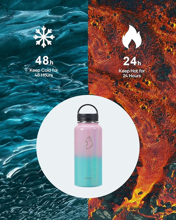 BUZIO 32 oz Water Bottle Insulated with Straw & 3 lid and Carrying Pouch, Leak Proof Anti-Slip Stainless Steel Water Flask Jug, Cold for 48 Hrs Double Vacuum Thermo Canteen, Pearlescent Pink Blue