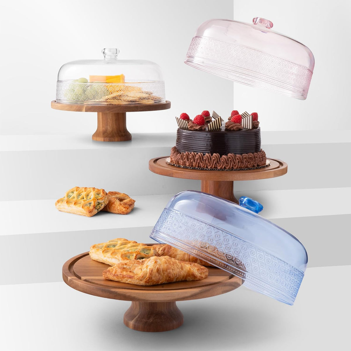 Godinger Cake Stand, Footed Cake Plate with Dome, Acacia Wood and Shaterproof Acrylic Lid, Wood Cake Stand with Dome Vintage Romantic Décor