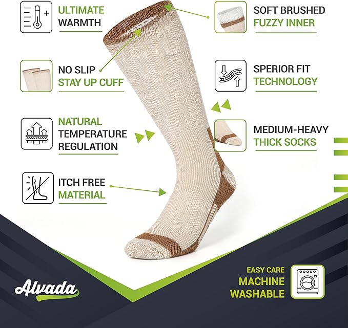 Alvada Merino Wool Hiking Socks Thermal Warm Crew Winter Boot Sock For Men & Women 3 Pairs
