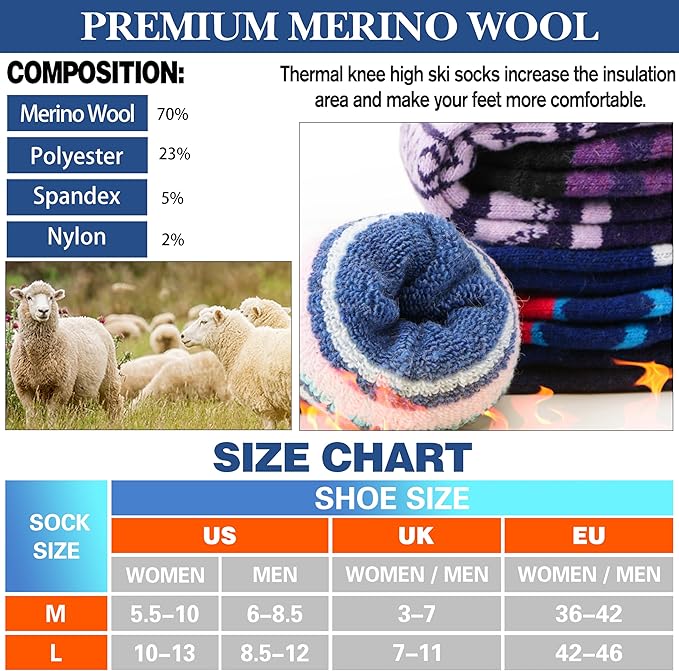 3 Pairs Merino Wool Ski Socks Thermal Warm Winter Thick Knee High Snowboarding Skiing Socks for Women Men