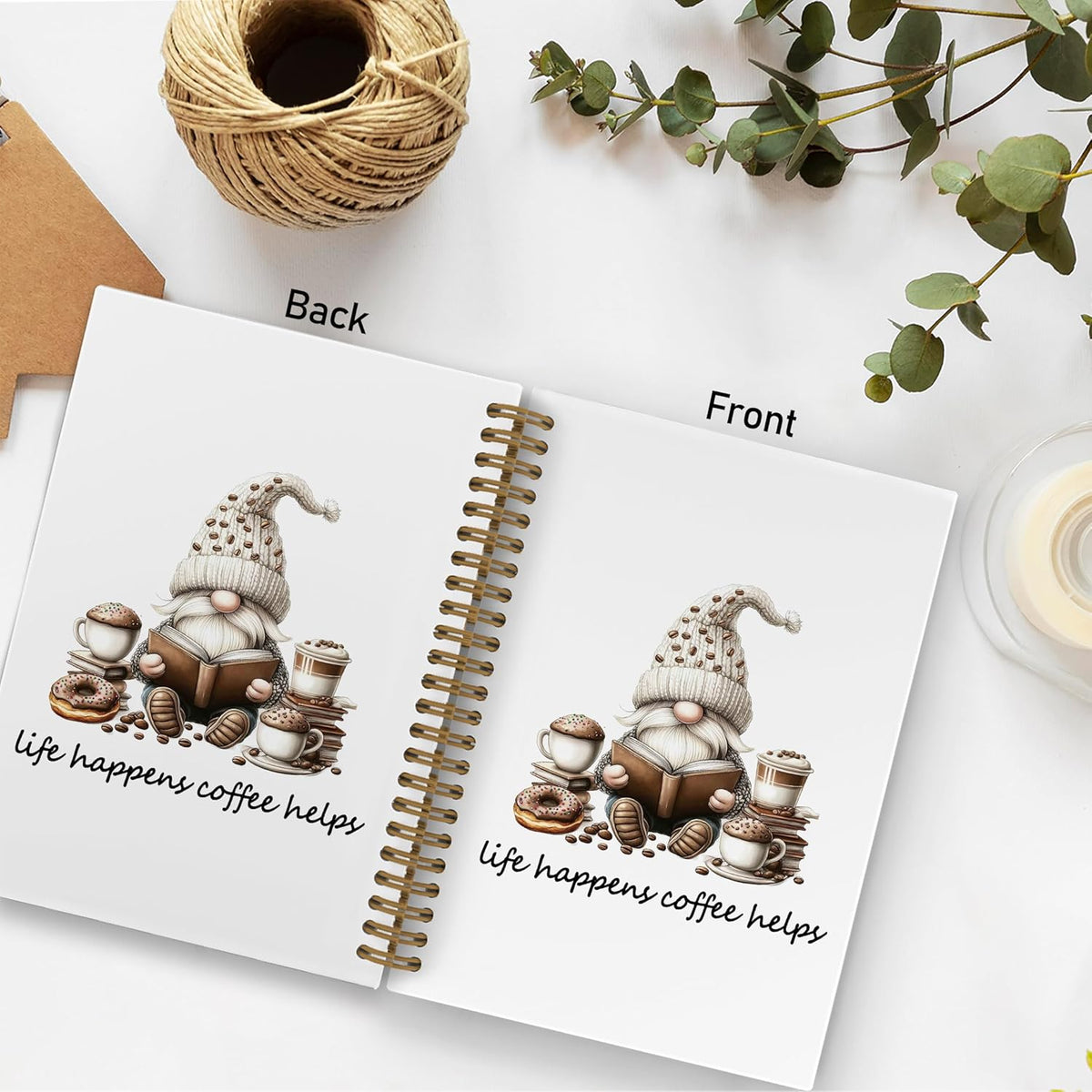 Funny Coffee Gnomes Spiral Notebook, Coffee Lovers Gifts Journal Notebook, Gnome Gifts Notebooks for School Work, Life Happens Cafe Helps Office Supplies Gifts for Women Men, 5.5x8.3 Inch