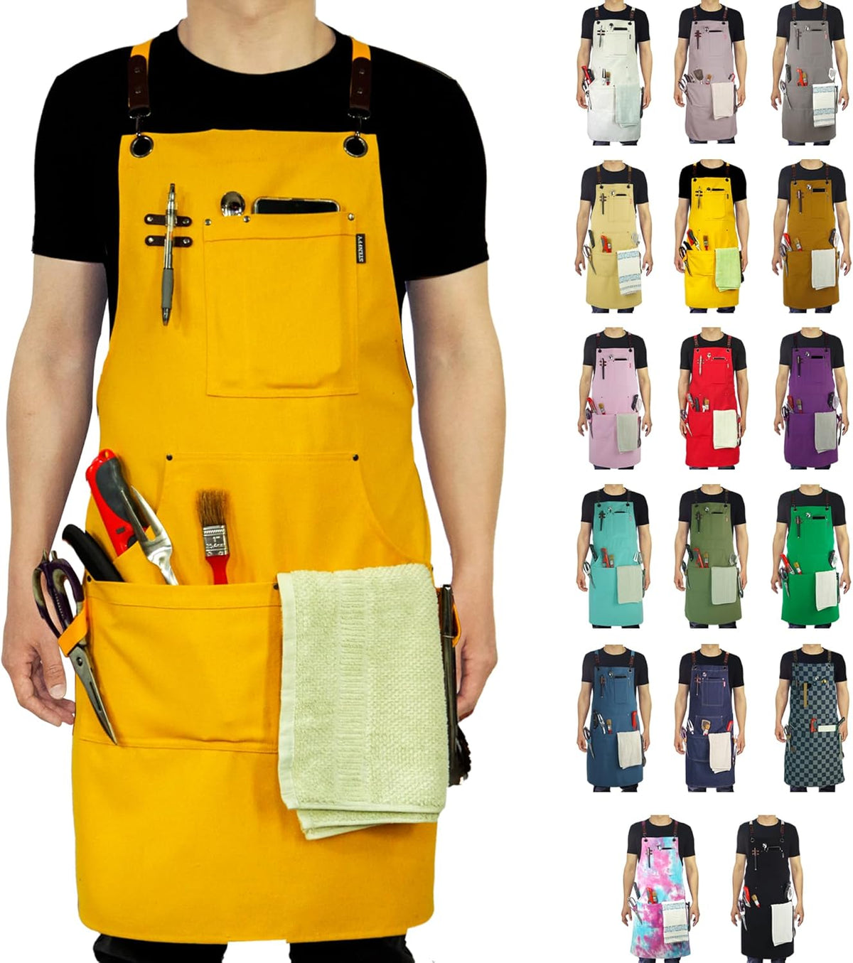 Kitchen Apron, Work Apron, Canvas, Multiple Pockets, Gardening, Painting, BBQ, Artist, Carpenter, Sizes M to XXL, Yellow