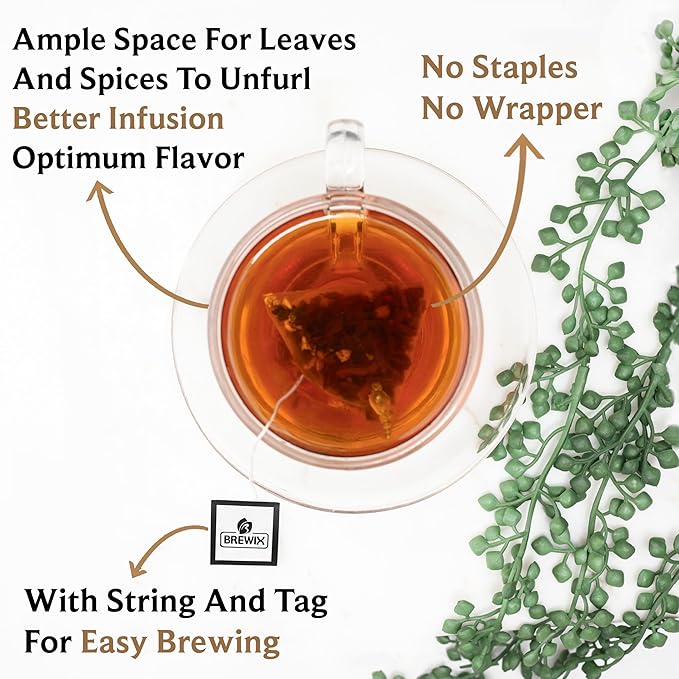 BREWIX, Masala Chai Tea Bags (50 Pyramid Tea Bags) Strong, Robust & Spicy - Pure Ingredients | Black Tea, Cinnamon, Ginger, Black Pepper, Cardamom & Cloves, Packed in Resealable Ziplock Pouch