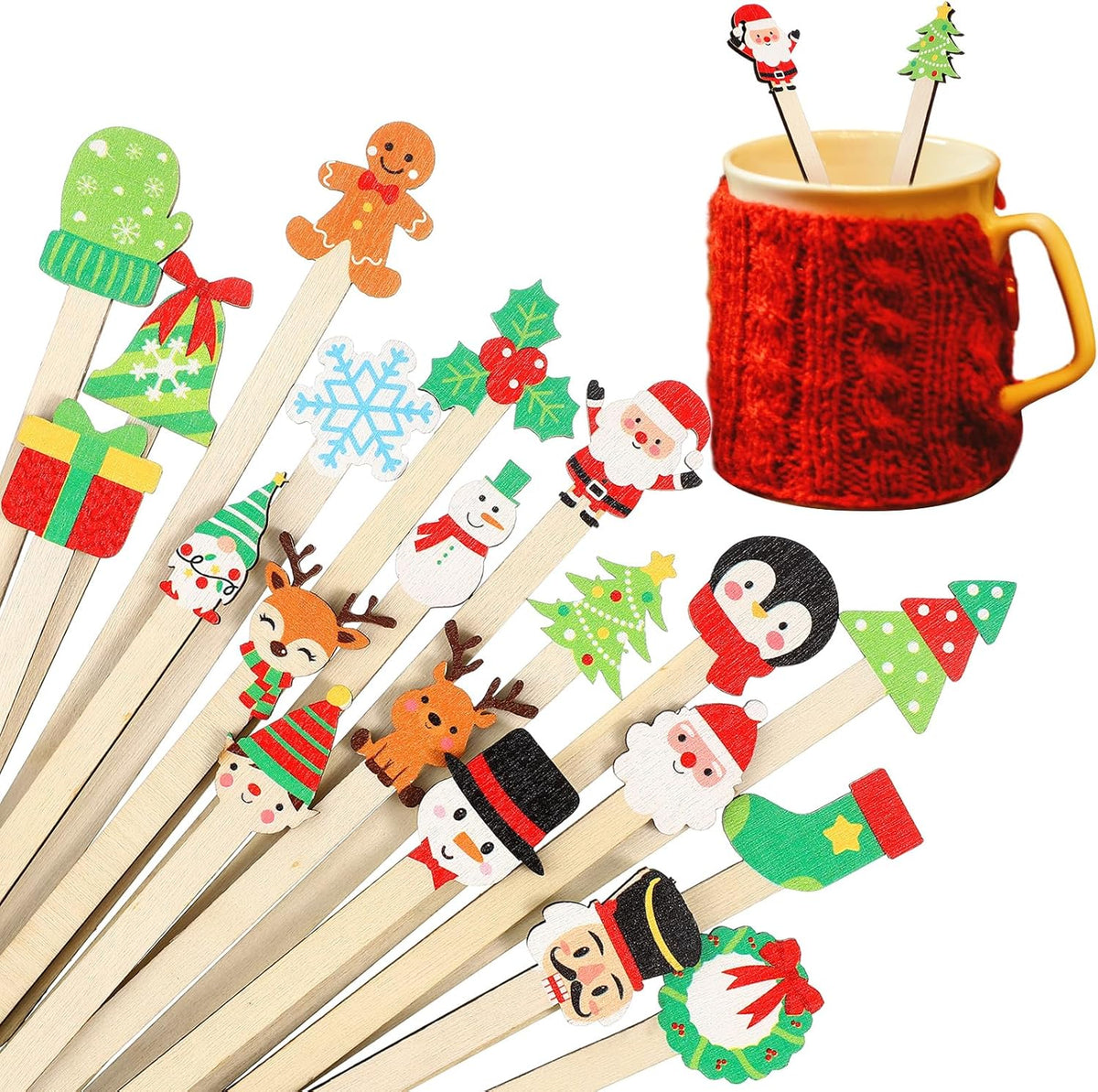 Mifoci 100 Pcs Christmas Wooded Coffee Stirrers Wood Cocktail Coffee Stir Sticks Disposable Stirring Sticks for Beverage Chocolate Hot Drink Party Supplies, 20 Styles (Vibrant Style)