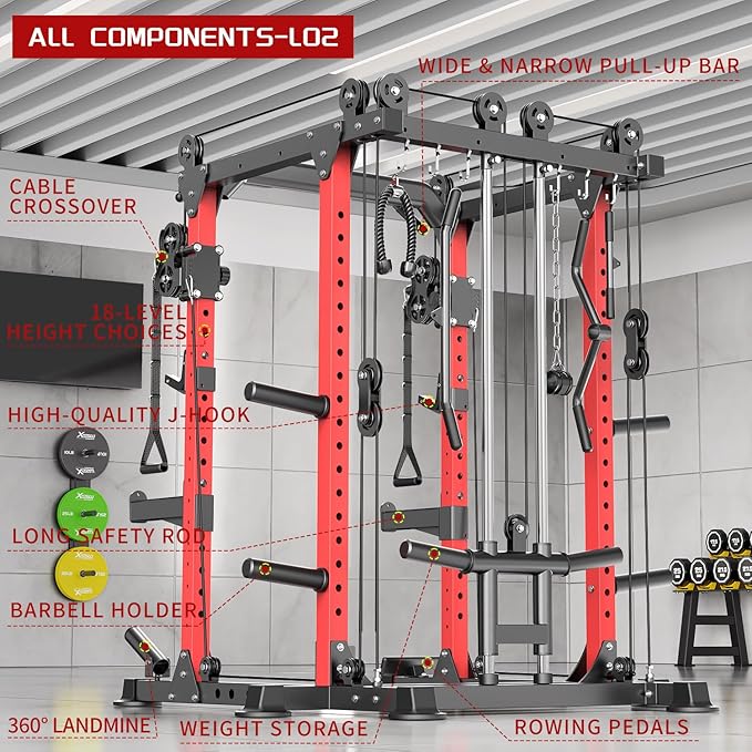 Power Cage Multi-Function Power Rack with Cable Crossover System,1800 LBS Capacity Squat Rack with Weight Bench,for Home Gym
