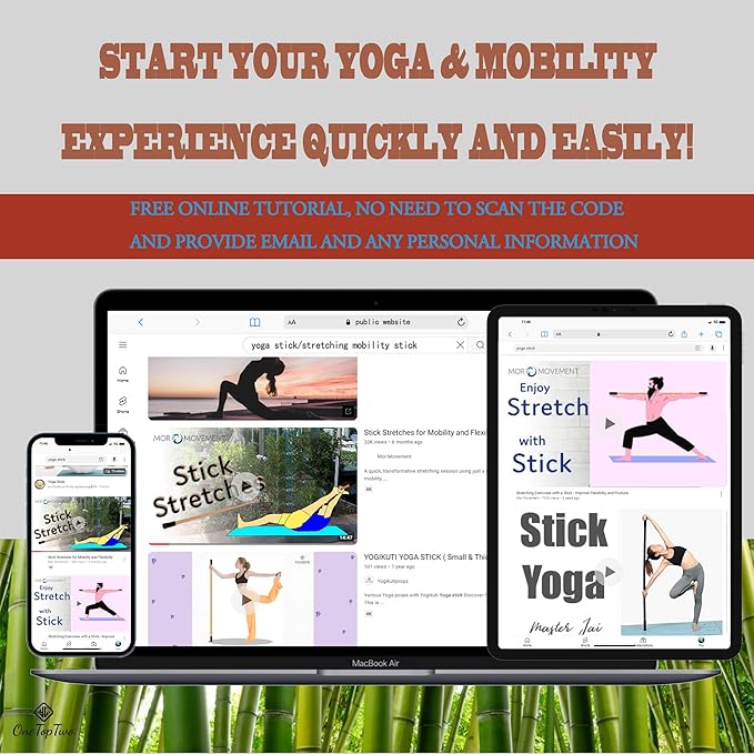 5ft Yoga Stick from Natural Bamboo with Non-Slip Handle-Stretching Stick for Mobility, Flexibility,Exercise,Workout, Physical Therapy,Pilates,Balance Fitness-Access Online Video Guide Without Any Info