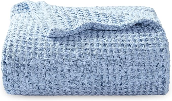 Bedsure 100% Cotton Blanket Twin XL Size for College Dorm - Breathable and Soft, Waffle Weave Twin Blanket for Summer, Dorm Room Essentials, Sky Blue, 66x90 inches