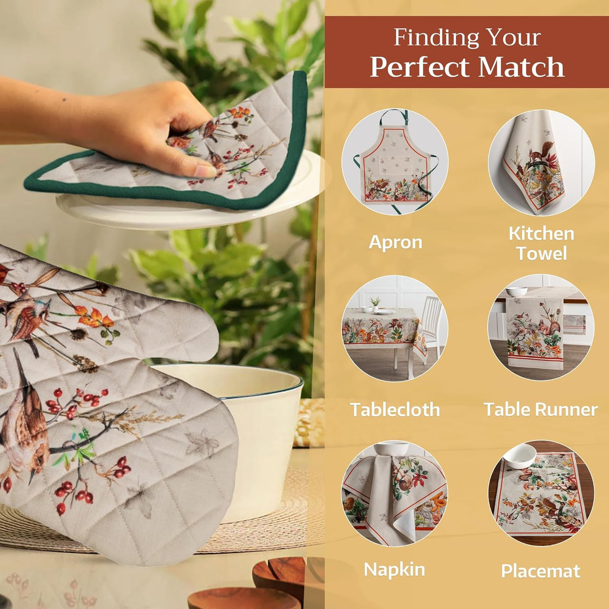 Maison d' Hermine 100% Cotton Oven Mitt & Pot Holder Set (7.5"x13" & 8"x8") Heat Resistant BBQ Cooking Gloves with Loop, Baking, Grilling, Kitchen, Handling Hot Pans (Recolte)