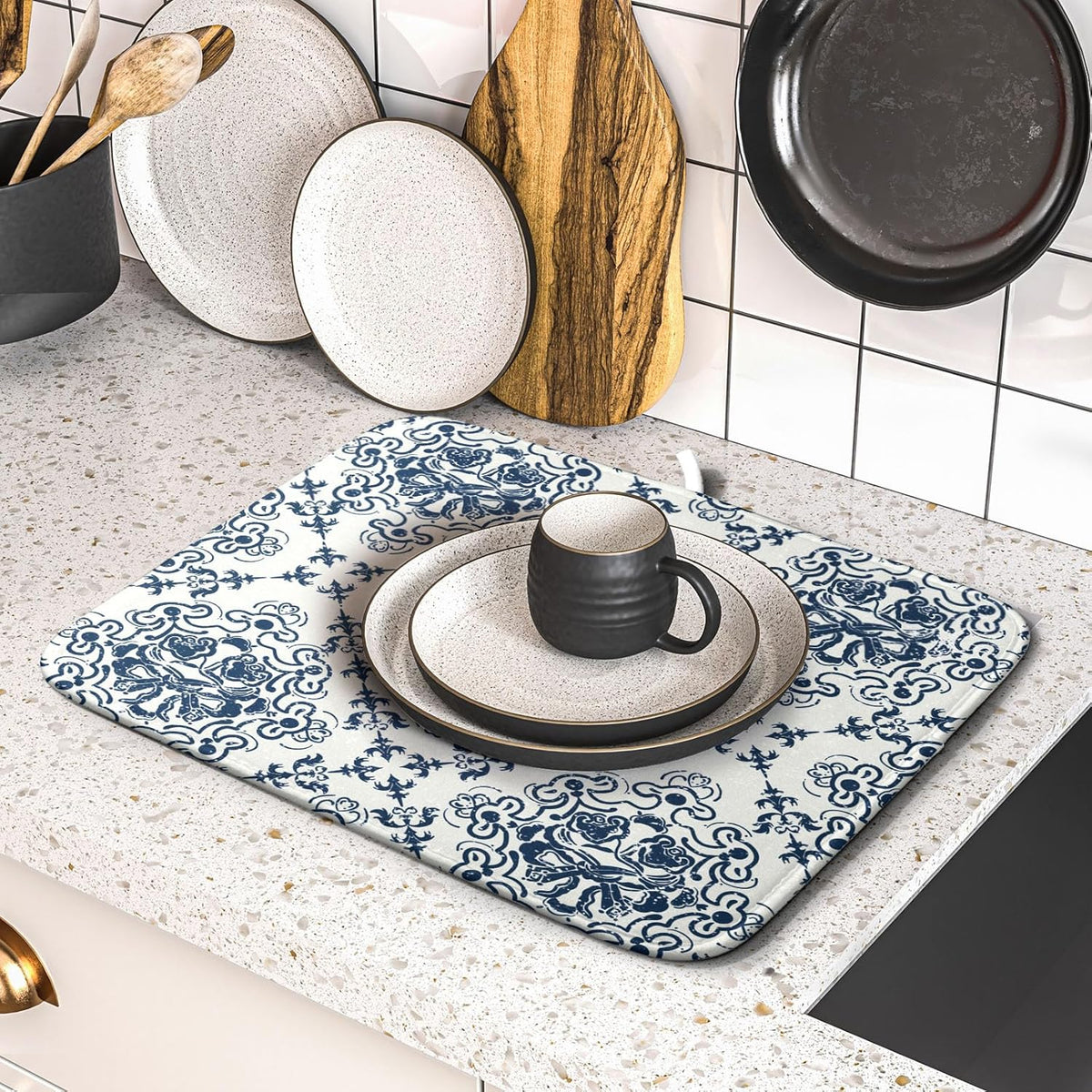 Bohemian Grey Retro Dish Drying Mat for Kitchen Counter,Boho Abstract Flower Art Drying Mat 16 x 18 Inch Microfiber Dish Drying Pad Dish Rack Pad Drainer Mat for Coffee Bar